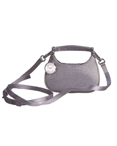 Shop EMPORIO ARMANI  Borsina: Emporio Armani shoulder bag with rhinestones.
Snap button closure.
Handle.
Adjustable, removable shoulder strap.
Dimensions: 15x10x3.5cm.
Composition: 100% Polyester.
Made in China.. Y3H325 YWF2X -80270